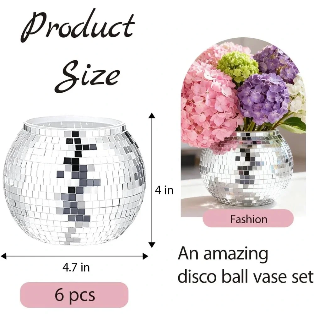 NWT 6 Pc Silver Disco Ball Mirror Vases Planters Wedding Centerpieces 4